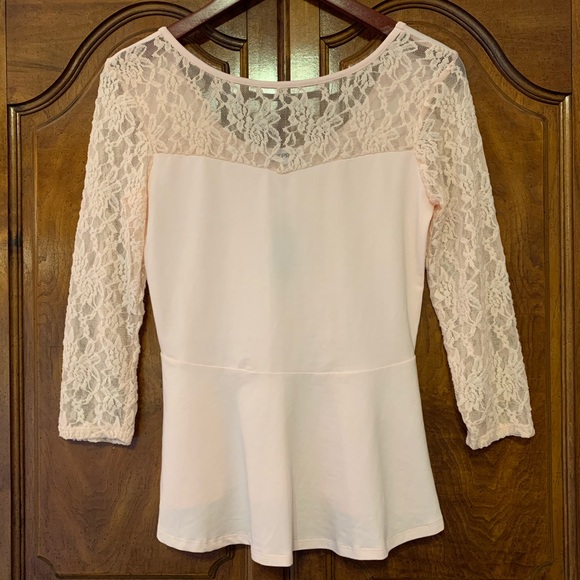 Express Tops - Express Peplum Top with Lace Sleeves & Yoke